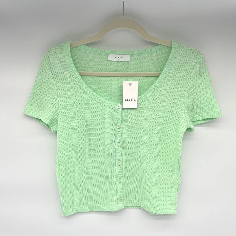 ELODIE NWT Waffle Knit Short Sleeve Button-Up Crop Top, Medium Youth, EASTER